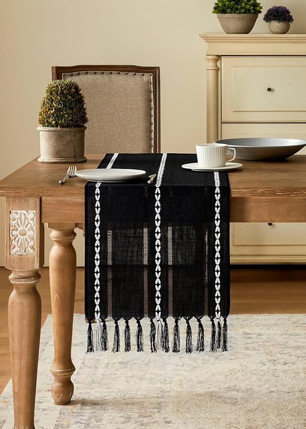 Hemstitched Farmhouse Table Runner, Black 13x108 Inch, Cotton Linen Table Runners 108 Inches Long, Embroidered Striped Orange Boho Table Runner Rustic Home Decor