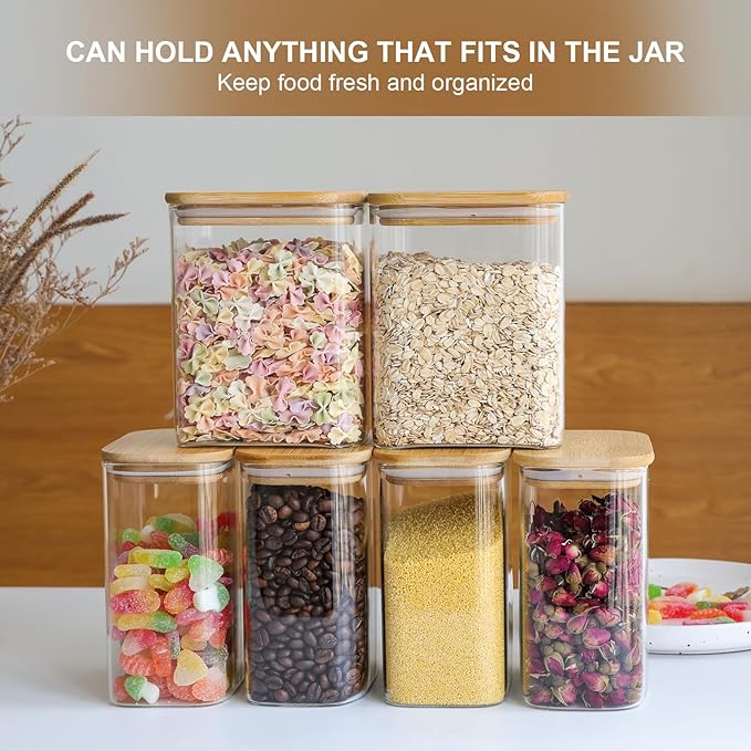 Liuruiyu Glass Storage Jars 12 * 8cm [Set of 6],Clear Glass Food Storage Containers with Airtight Bamboo Lid Stackable Kitchen Canisters for Candy,Cookie,Rice,Sugar,Flour,Pasta(Square)