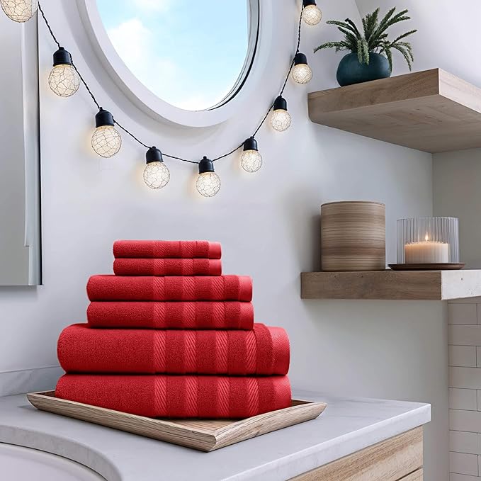 Hearth & Harbor Bath Towels for Bathroom - 100% Ring Spun Cotton Luxury Bathroom Towels - Soft & Highly Absorbent Bath Towels Set, 6 Piece Set, Red
