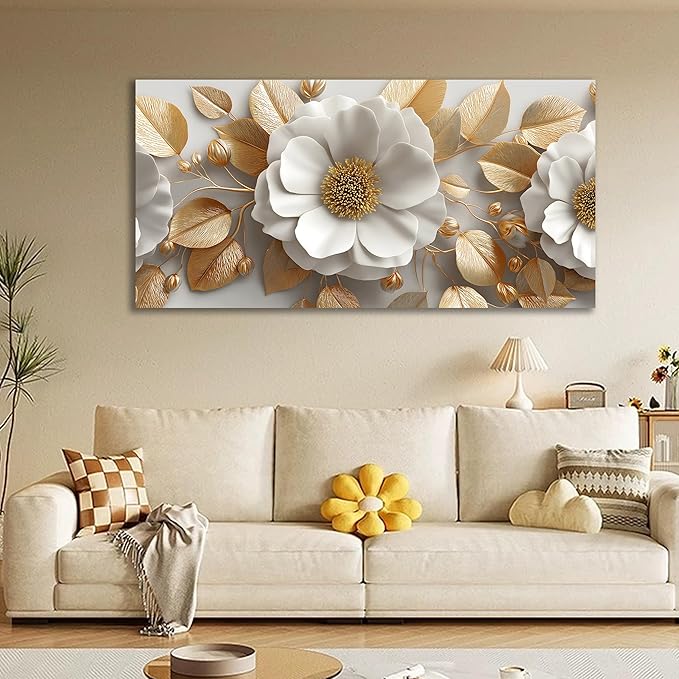 Tarfupth Floral Canvas Wall Art for Living Room Gold and White Flowers Large Botanical Artwork for Bedroom Office Home Decor Canvas Prints 24"x48"