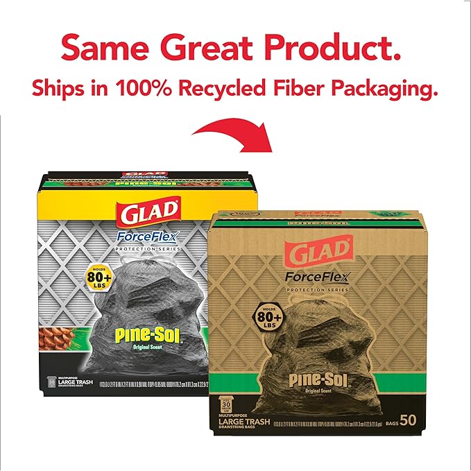 Glad Large 30 Gallon Trash Bags, Pine-Sol Heavy Duty Garbage Bags, Forceflex with Drawstring, 50 Count (Packaging May Vary)