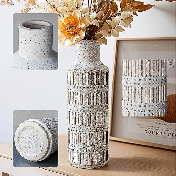 Rustic Ceramic Vase for Living Room Bedroom 11.02'' Antique White Flower Vase for Bouquet Fake Plant Home Decor Office Table Shelf Fireplace Centerpieces Retro Vintage Classic Modern