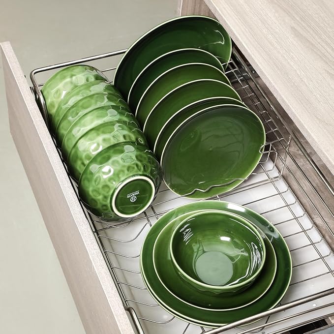 Vicrays Ceramic 12 Pieces Dinnerware Set - Dinner Plates Cereal Bowls Salad Plates Set Service for 4 - Scratch Resistant Dishwasher Safe Microwave Oven - Green