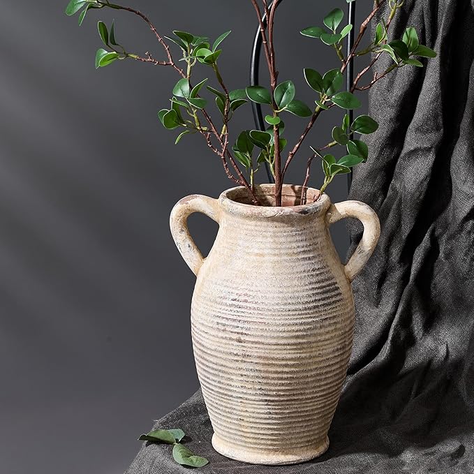 Large Ceramic Rustic Vase with 2 Handles, 9.8 inch Whitewashed Terra Cotta Decorative Pottery Flower Vase for Home Decor, Living Room, Shelf Decor, Enterway, Table Decoration, Gray