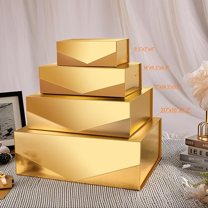 JINGUAN 19.2x15.8x7 Inches, Extra Large Gift Box with Lid, Bridesmaid Proposal Box with Magnetic Closure, Giant Gift Box for Clothes and Large Gifts (Glossy Gold)