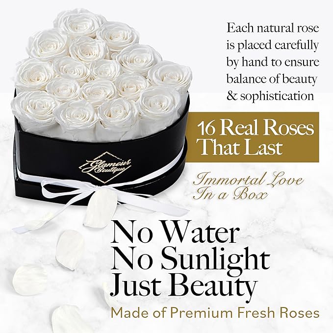 GLAMOUR BOUTIQUE 16 Flower Forever Heart Shape Box - Preserved Roses Gift for Her, Preserved Flowers, White