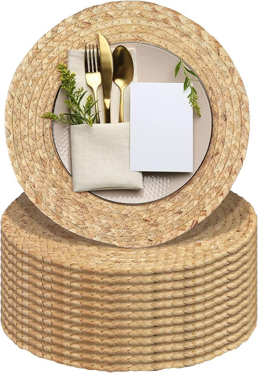 Set of 12 Round Woven Placemats 13.5-Inch Natural Water Hyacinth Plant Placemats Hand-Woven Boho Rattan Placemat Wicker Weave Table Mats for Home Dinner Plates Holiday Supplies
