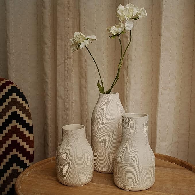 Ceramic Vases for Home Decor - Matte White Textured Vase Set of 3, Decorative Vases for Flowers, Pampas Grass Arrangement, Table Centerpieces, Office and Living Room Boho Decor
