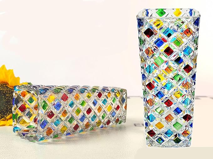 Colorful Checkered Glass Vase, Bright Multi Colored Crystal Diamond Vase Hand Painted