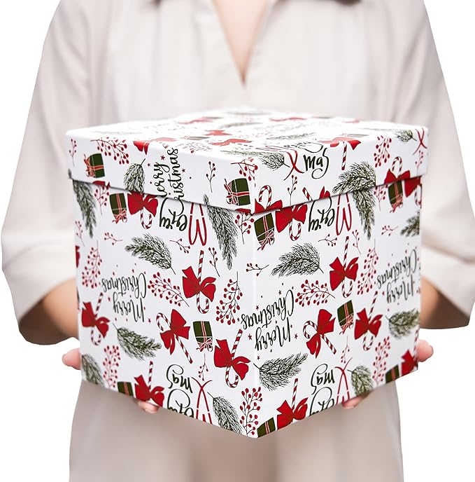 UNIQOOO 5PCS Christmas Nesting Gift Boxes with Lid, Nested Box Set, 5 Sizes, Square Stackable, Red White Green, Xmas Berry Candy Cane Paper Box Tower Décor, Holiday Thanksgiving New Year Packaging