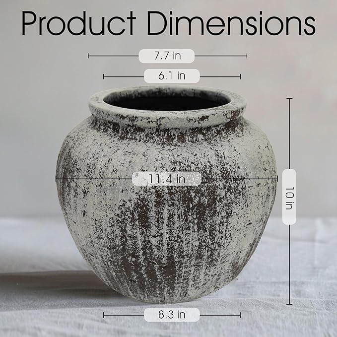 Oakrain Large Rustic Minimalist Vase, 11" Distressed Round Floor Vase for Home Decor, Farmhouse Centerpieces Planters for Living Room Indoor Outdoor Use, Gray