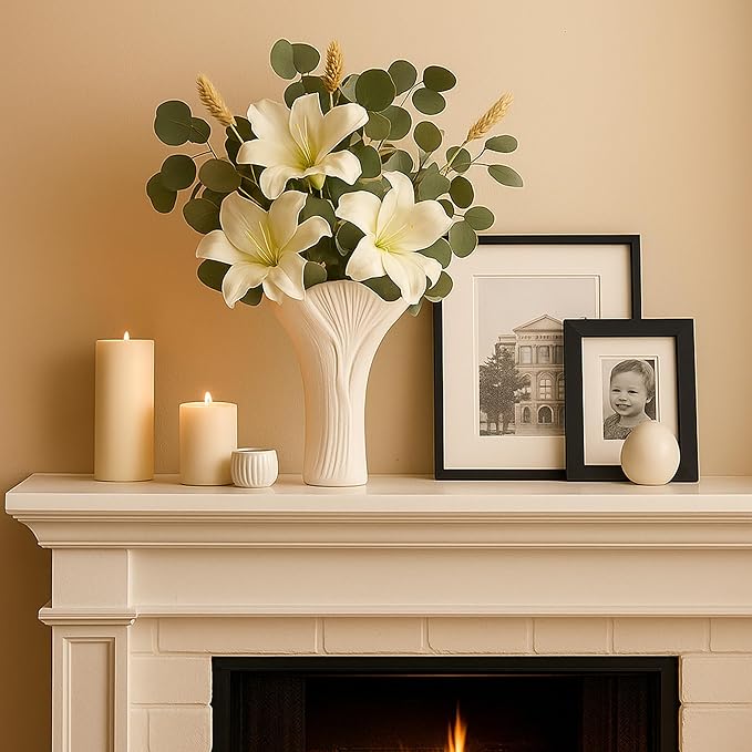 Ceramic Vase Set of 2 - White Tree Bark Textured Vases for Modern Farmhouse & Centerpiece Decor, Nature-Inspired Flower Vase for Home, Office, Wedding (Gift Ready)