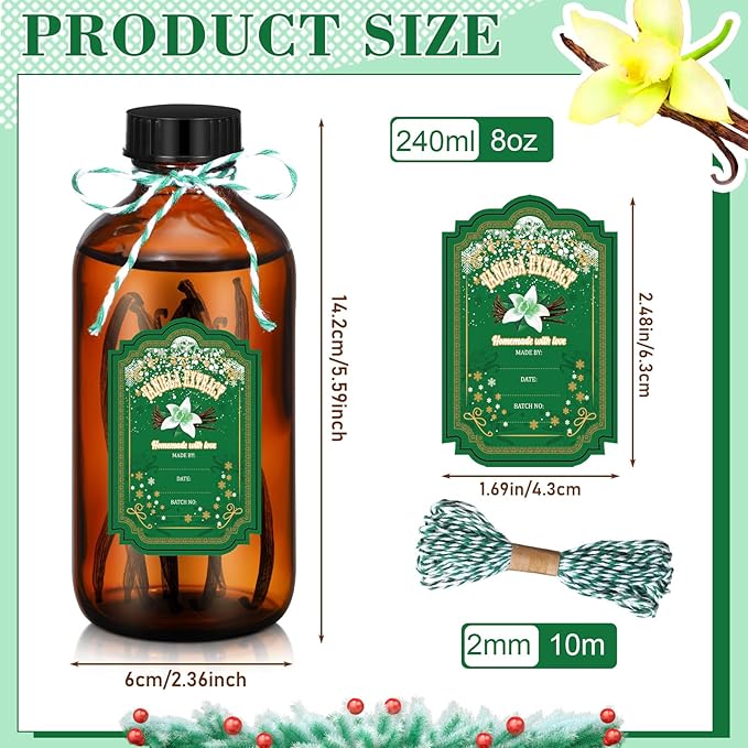 Uiifan 12 Pack Amber Glass Bottles Boston Round Sample Bottles Glass jars with Lids Dark Vanilla Extract and 12 Pcs Christmas Green Snowflakes Stickers for Gift Beans(8 oz)