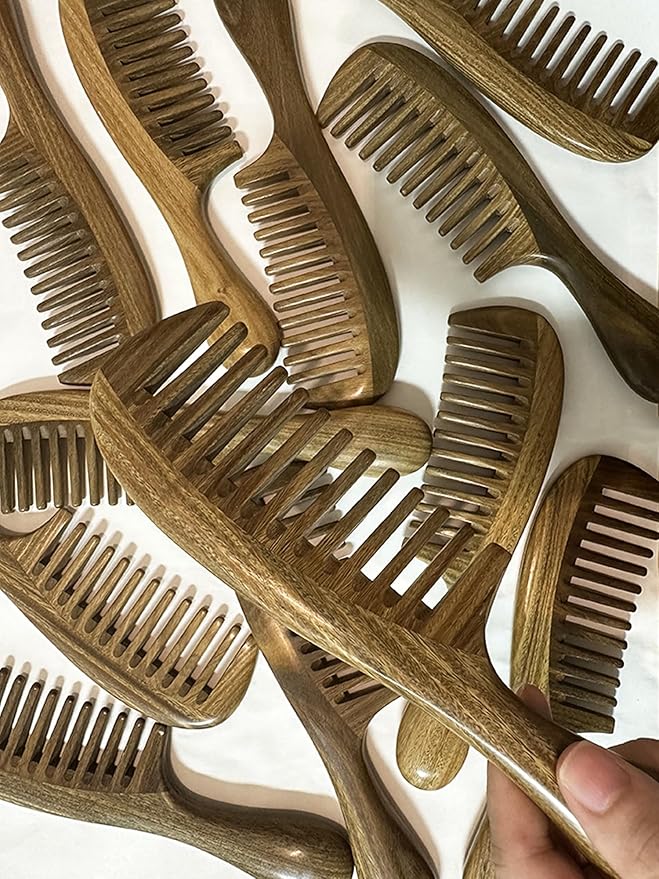Green Sandalwood Wide Tooth Hair Comb with Handle - Detangling Brush for Curly/Coily Hair, Split Ends Repair & Gentle Scalp Care (Anti-Static Wooden Design)