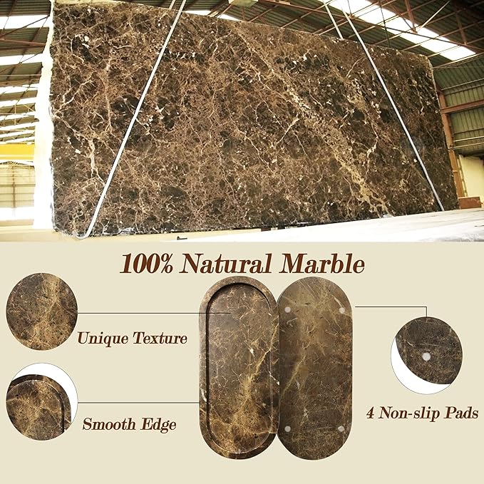 100% Real Natural Marble Tray for Bathroom, Luxury Dark Brown Stone Vanity Tray, Decorative Oval Trays for Countertop Storage Organizer, Vanity Dresser Kitchen Home Decor, 10.2" x 4.3", Brown