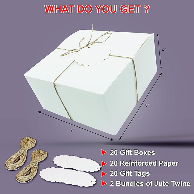 White Gift Boxes (Pack of 20) Size 8x8x4 Inches, Thick Paper Boxes with Lids, Tags & Jute Rope for Bridesmaid Proposals, Wedding Presents, Birthday Party Favor, Baby Shower and Christmas