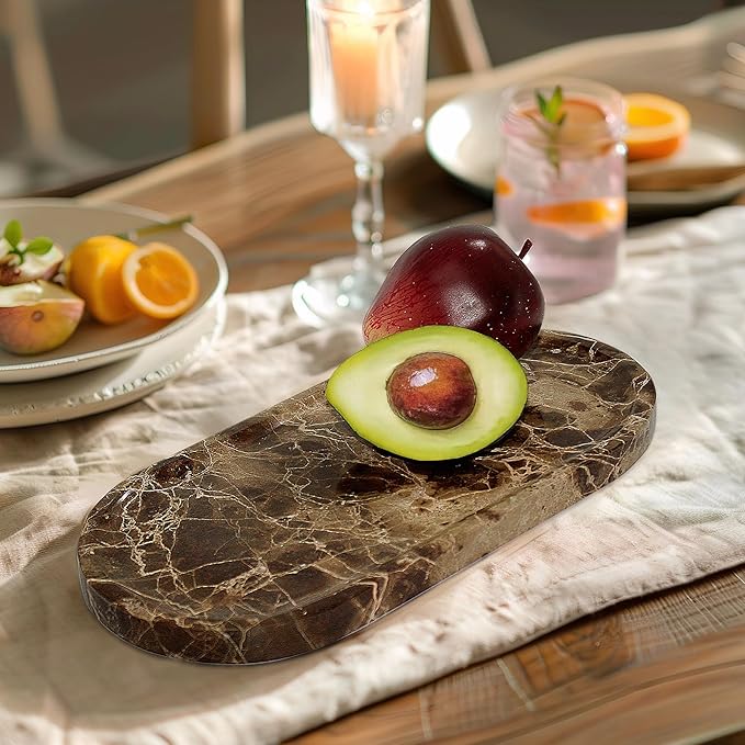 100% Real Natural Marble Tray for Bathroom, Luxury Dark Brown Stone Vanity Tray, Decorative Oval Trays for Countertop Storage, Organizer, Vanity, Dresser, Kitchen, Home Decor, 11.8" x 6", Brown