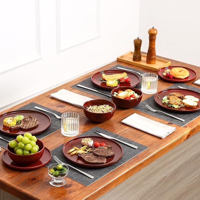 Vicrays Ceramic 12 Pieces Dinnerware Set - Dinner Plates Salad Plates Cereal Bowls Set Service for 4 - Scratch Resistant Microwave Oven Dishwasher Safe - Cherry Red