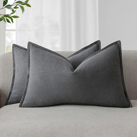 Foindtower Pack of 2, Decorative Linen Soild Throw Pillow Covers Soft Accent Lumbar Cushion Case Boho Farmhouse Pillowcase for Chair Couch Sofa Bedroom Living Room Home Decor 12 x 20 Inch Grey