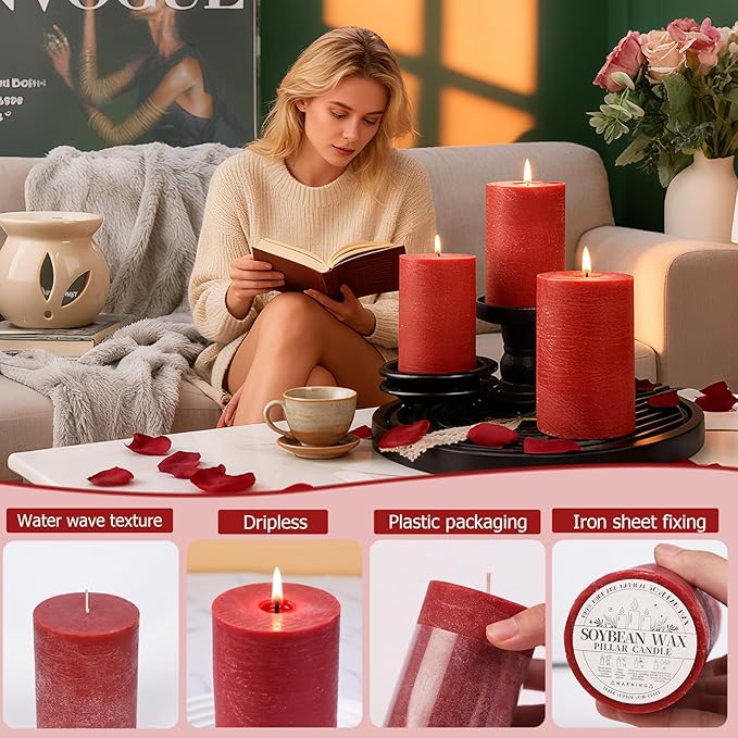 6 Pack Red Pillar Candles,Natural Soy Pillar Candles,55 H Long Lasting Burning 2.8x4in-Unscented,Dripless and Smokeless Rustic Red Hand-Poured Candles Dinner Table, for Christmas,Wedding,Home Decor