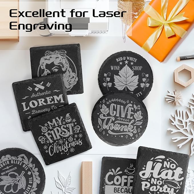 36 PCS Slate Coasters Bulk for Drinks, 4 Inch 18 PCS Natural Handmade Black Stone Square, 18 PCS Round Coasters for Laser Engraving, Gifts, Halloween Christmas, Home Decor
