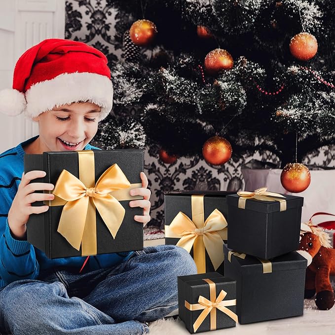 Tenceur 10 Pcs Gift Boxes with Lids Heavy Duty Nested Assorted Sizes Cardboard Gift Boxes for Presents with Ribbon for Xmas Holiday Present(Black, Gold,10 Size)