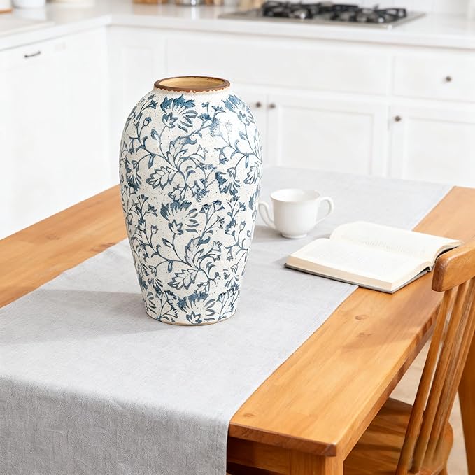 Ceramic Vintage Flower Vase, 9.8 Inch White and Blue Rustic Vases for Home Decor, Handcrafted Farmhouse Tall Vases for Living Room, Table, Bathroom, Chinoiserie Decoration