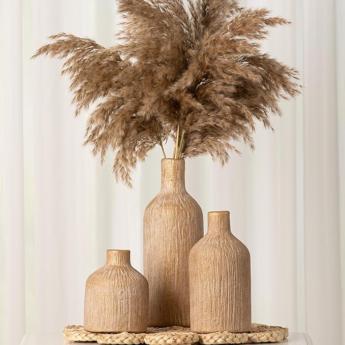 Ceramic Vase Home Table Decor - Gold Flower Vase Set of 3 Living Room Kitchen Decorations Farmhouse Modern Rustic Vases Decorative Centerpiece for Shelf Bedroom Office Bathroom Dining Coffee Desk