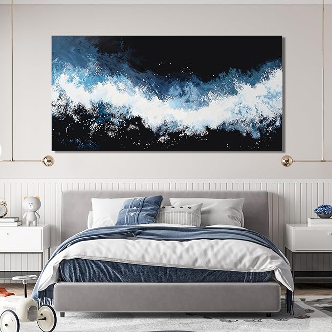 YISXINOAG Modern Abstract Wall Decor Canvas Wall Art Large Abstract Wall Art for Living Room Modern Home Decor Large Canvas Art Blue and White Wave Prints Home Artwork Ready to Hang Size 29"X58"