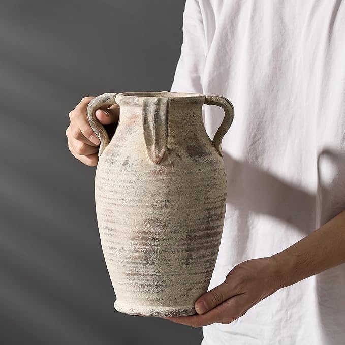 Handmade Ceramic Vase with 4 Handles, 10.83" Tall Farmhouse Rustic Terracotta Flower Vase, Vintage Vases for Home Decor, Wedding, Living Room, Table, Shelf Decor, Neutral