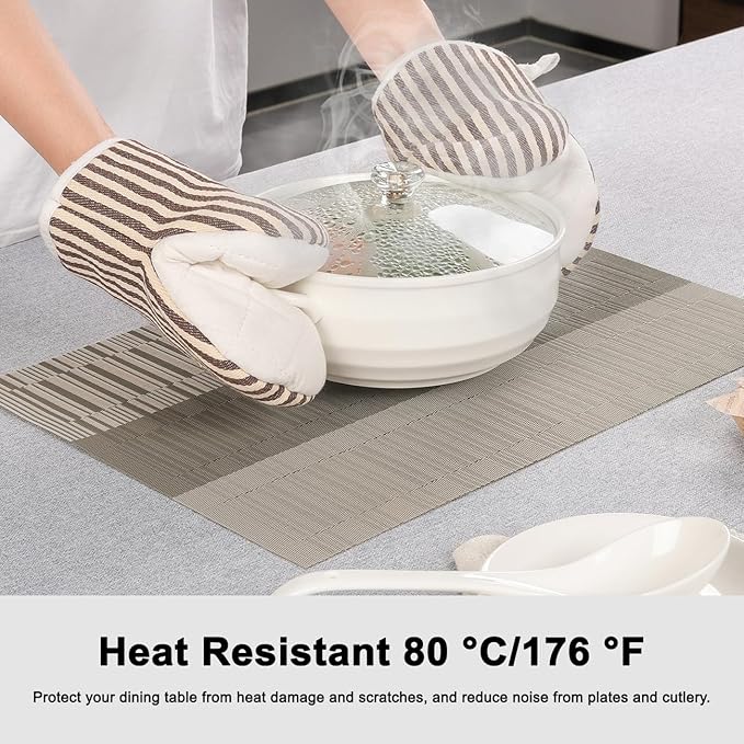 Placemats Set of 4, Vinyl Woven Place Mats Indoor Set of 4 Washable Wipeable PVC Table Mats Heat-Resistant Non Slip Placemat for Kitchen Dining Outdoor Table (Gray Dark Gray, Set of 4)