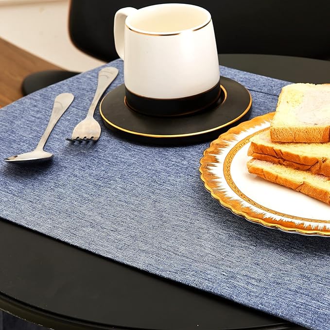 Mebakuk Linen Farmhouse Table Runner Large Burlap Style Soft and Waterproof Decorative Fabric Runner for Outdoor Wedding and Dinner (14 x 144 Inch, Denim Blue)