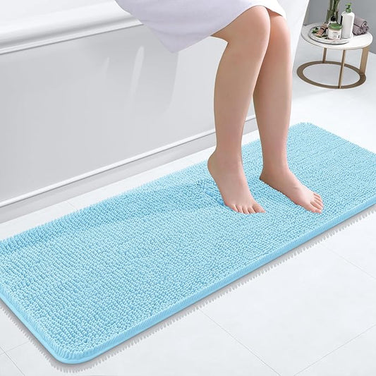 OLANLY Bathroom Rugs 47x17, Extra Soft Absorbent Chenille Bath Rugs, Rubber Backing Quick Dry, Machine Washable Bath Mats for Bathroom Floor, Tub and Shower, Home Decor Accessories, Sky Blue