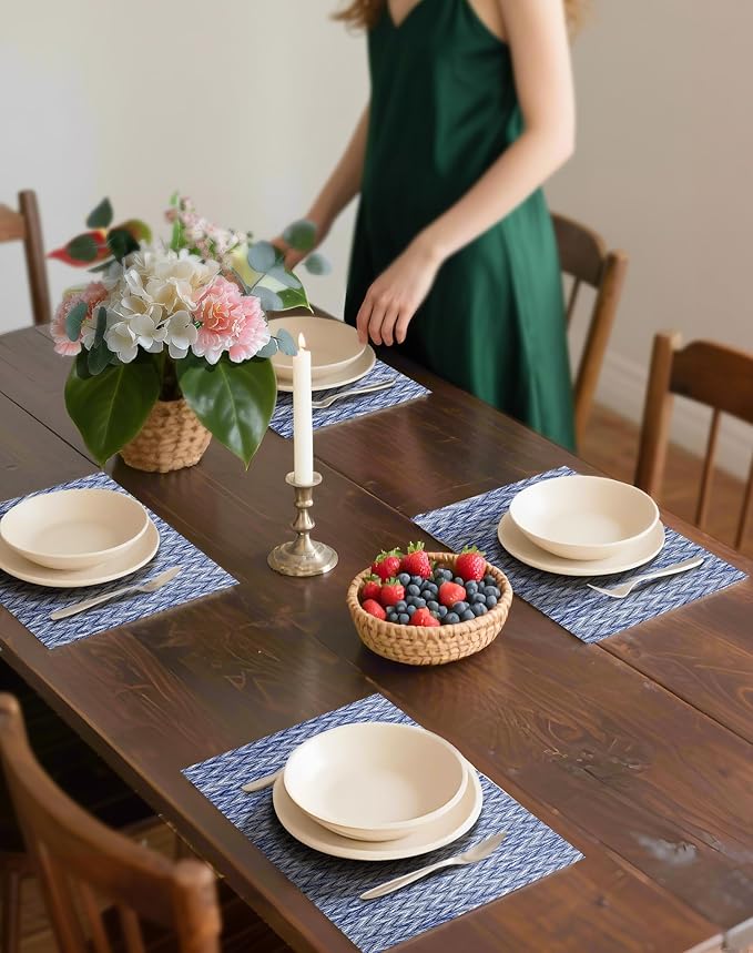 Leetaltree Blue Placemats Set of 8 - Heat Resistant Non-Slip Place mats for Dining Table, Washable Durable PVC Vinyl Woven Table Mats（Blue Zigzag, 8）