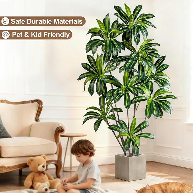 Artificial Dracaena Plant 7FT - Realistic Fake Dracaena Tree Tall Large Faux Silk Plants Fake Floor Potted Artificial Plants for Home Decor, Office Plants