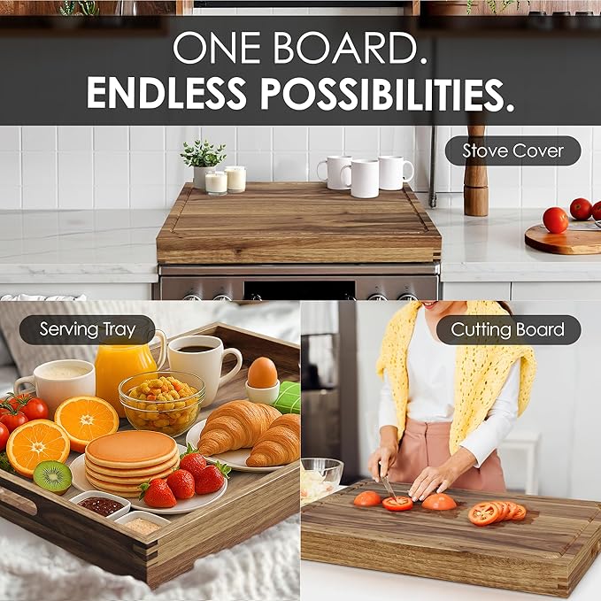 33"x 24" EXTRA LARGE Acacia Wood Cutting Board for Kitchen w/Juice Grooves, Tray Handles, Gift Box, Butcher Block, Serving & Charcuterie Tray, 10 Chalkboard Labels w/Chalk Pens