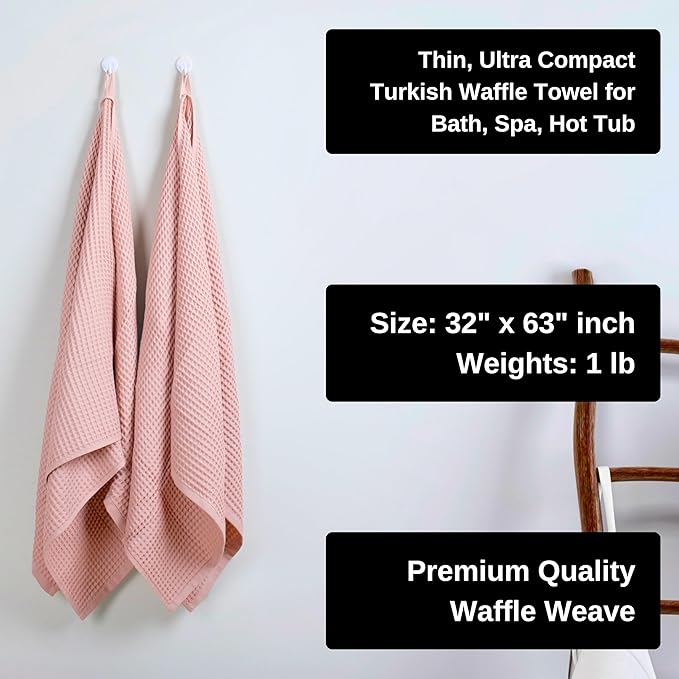PÜSKÜL Premium Waffle Bath Towels Set of 2 - Organic 100% Turkish Cotton Bath Towel - Quick Dry, Absorbent, Light, Thin, 32x63 Large Waffle Towels for Bathroom (Pink Powder Bath Towels - Pack of 2)