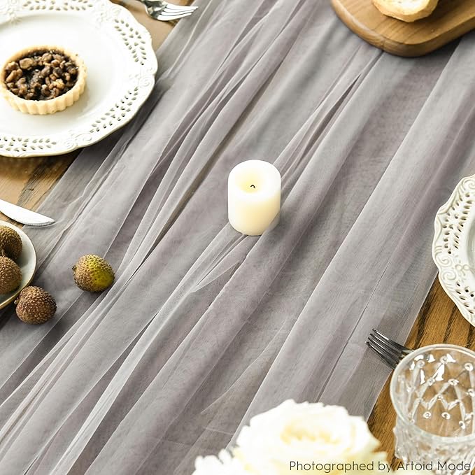 Artoid Mode 6PCS Grey Gauze Table Runner 120 Inch 10FT, Seasonal Sheer Kitchen Dining Holiday Wedding Birthday Baby Shower Table Decor for Home Party