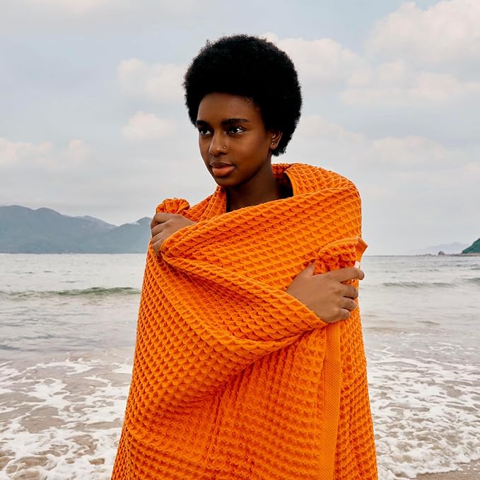 Luxury Japanese Cotton Waffle Bath Towel | Plush, Absorbent, and Quick Dry | Free Storage Bag Included (Coral Orange, Bath Sheet (2 Pack))