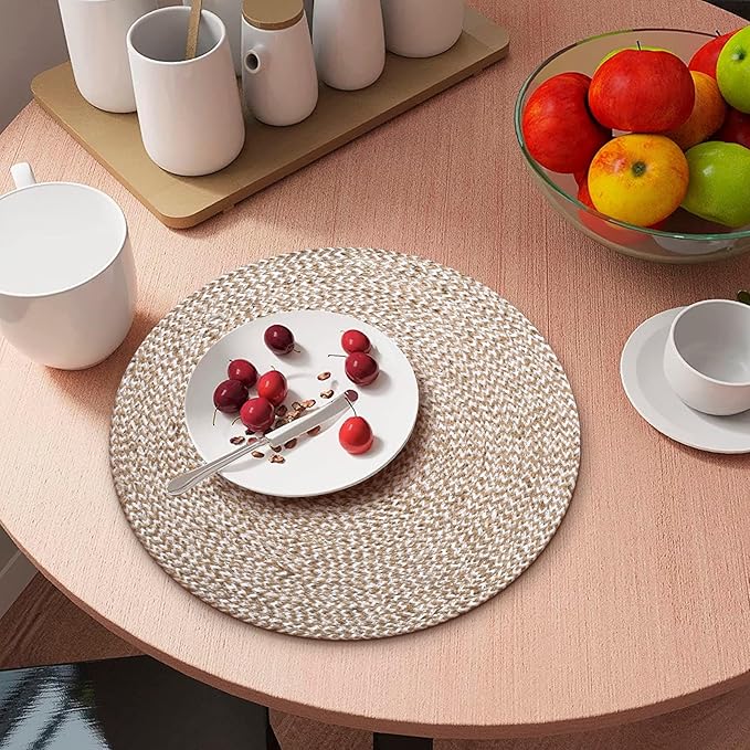 Hausattire Jute Braided Placemats 14 Inches Round Set of 4 Reversible Handwoven Boho Vintage Placemats for Kitchen Dining Tables|BBQ's Thanksgiving Decor Weddings Indoor & Outdoor Parties|Off-White