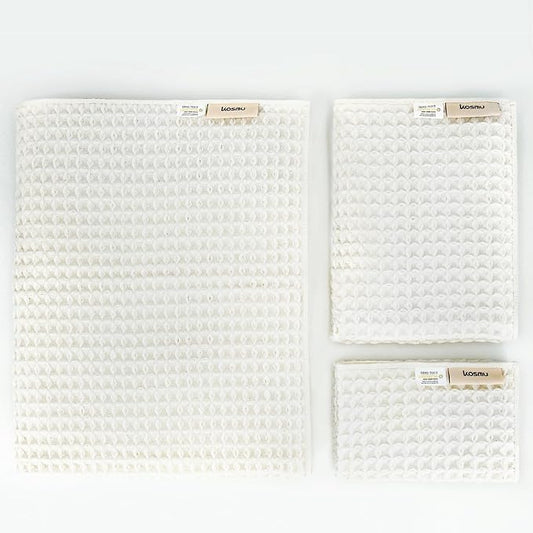 Luxury Japanese Cotton Waffle Bath Towel | Plush, Absorbent, and Quick Dry | Free Storage Bag Included (Shell White, Bath Towel Set (3-Piece))