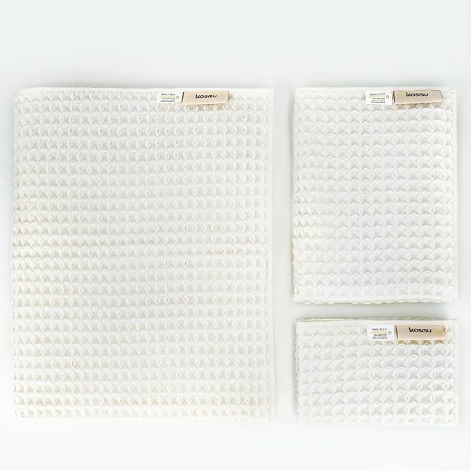 Luxury Japanese Cotton Waffle Bath Towel | Plush, Absorbent, and Quick Dry | Free Storage Bag Included (Shell White, Bath Sheet Set (3-Piece))