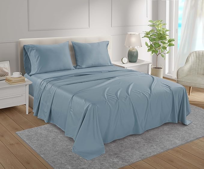 100% Egyptian Cotton Sheets Queen Size Set, 800 TC Deep Pocket Queen Sheets Set, Soft Breathable Sateen Weave 4 PC Elasticated Sheet & Pillowcase Sets, No Pill & Shrink, Fade Resistant- French Blue