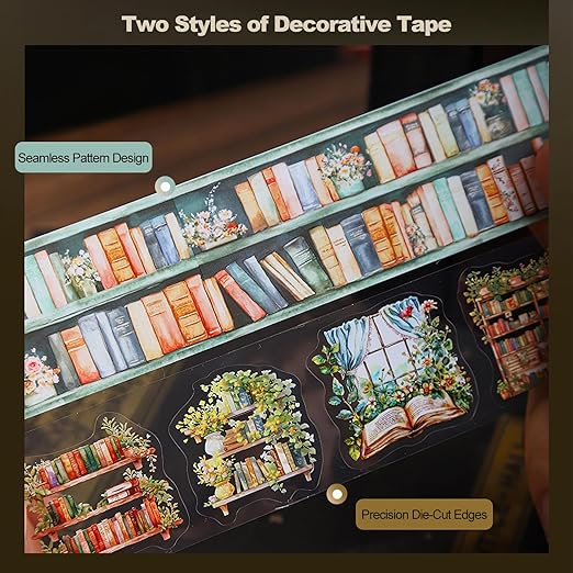 Reading Time PET Tape Set, 6 Rolls Mixed Pre-Cut and Continuous Tape with Clip, Waterproof Scrapbook Supplies for Journaling, DIY Crafts, and Planners