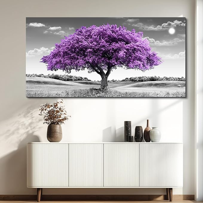 Canvas Wall Art for Living Room Large Wall Decor for Office Modern Bedroom Decorations Purple Tree Landscape Pictures Black and White Paintings Artwork Room Wall Mural Farmhouse Home Decor