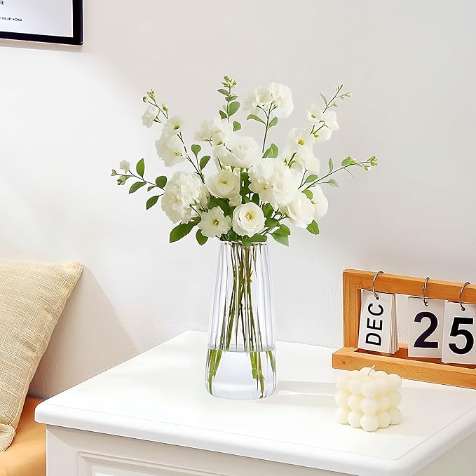 8.3in Clear Glass Vase for Flowers, Ribbed Flower Vase for Table Centerpiece Wedding Home Decor, Modern Glass Vases for Living Room, Bedroom, Dining Table, Office, Birthday Housewarming Gift (Striped)