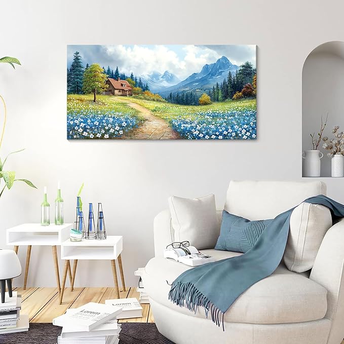 CHATYOUNG Bathroom Canvas Wall Art Paintings, Blue Mountains Wild Flowers Rustic Landscape Prints Wall Pictures Large 20"X40" for Living Room Bedroom Bathroom Home Decor Gift