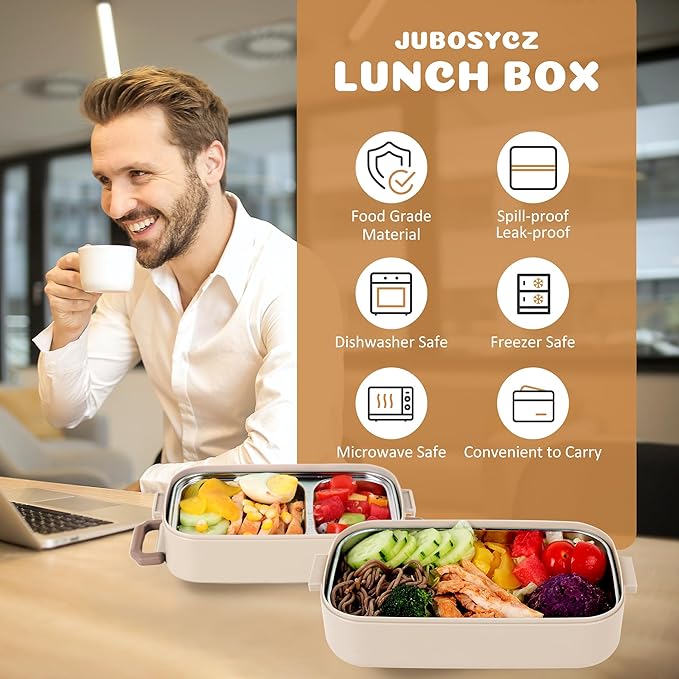 Bento Lunch Box for Kids Women Men, 47oz 2-Compartment Salad Metal Food Prep Pack Container for Lunch, Stainless Steel 3 Layers Stackable Lunch Containers with Lids for Adults and Teens Khaki