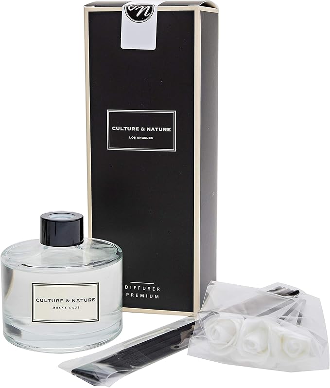 CULTURE & NATURE Reed Diffuser Set 6.7oz (200ml) Musky Sage Scented Diffuser with Sticks Home Fragrance Reed Diffuser for Bathroom Shelf Decor