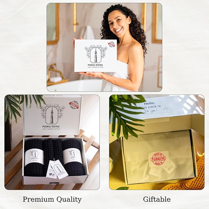 PÜSKÜL - Premium Waffle Towel Set 4 Pieces Black - Organic 100% Turkish Cotton Quick-Dry Towels for Bathroom Made in Turkiye (Black, Towel Set - 2 Hand & 2 Bath Towels)